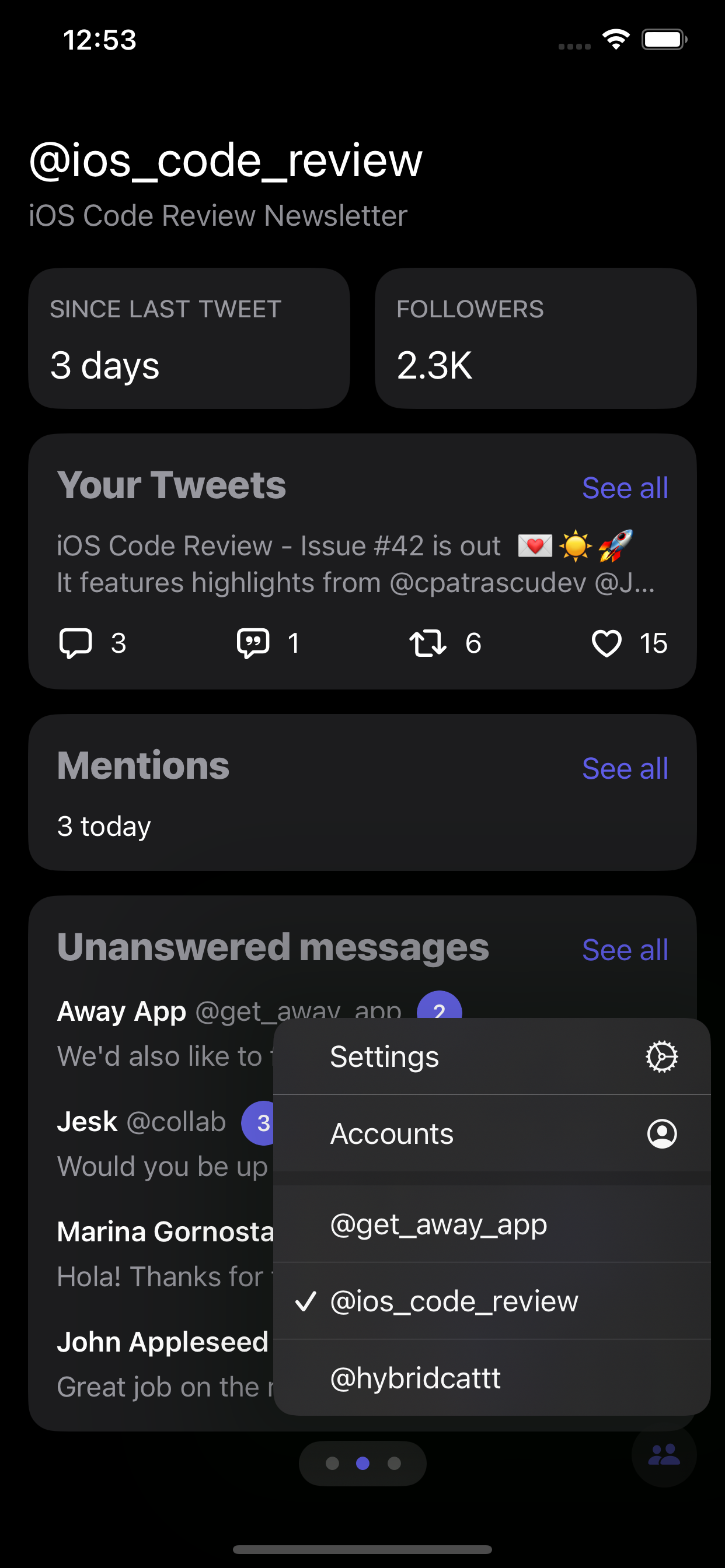 Away for iOS shows your new Twitter DMs, statistics for recent tweets, number of followers